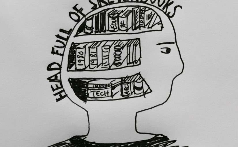 Line drawing of a head full of sketchbooks