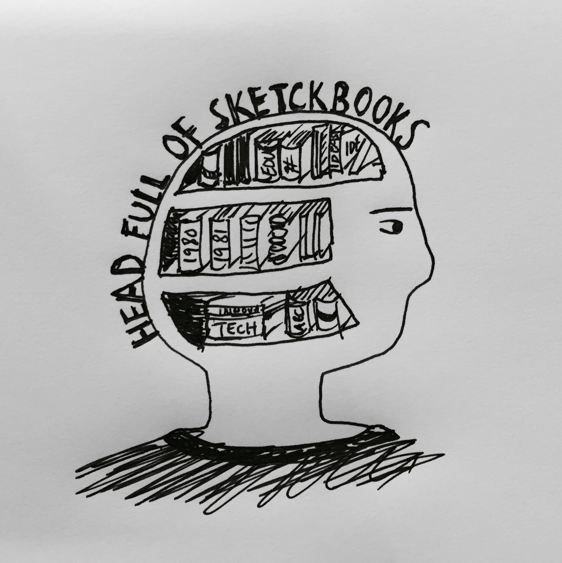 Line drawing of a head full of sketchbooks