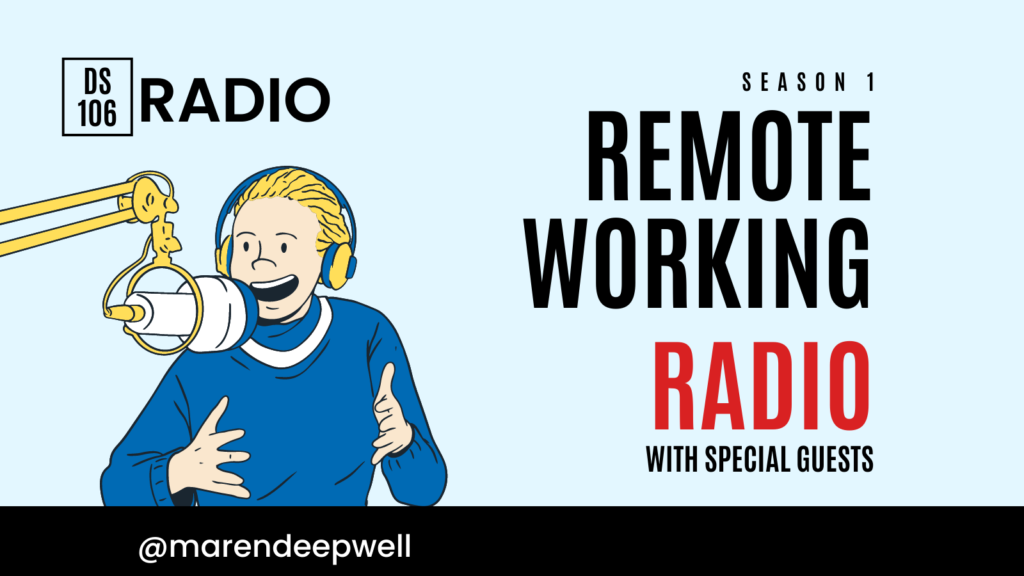Logo for remote working radio show showing an illustration of a podcast host at the microphone. 
