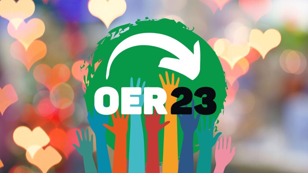 Conference logo for OER23 with a background of hearts in different colours