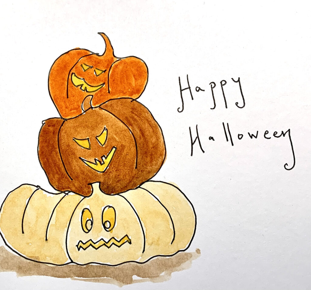 A water colour drawing of pumpkins