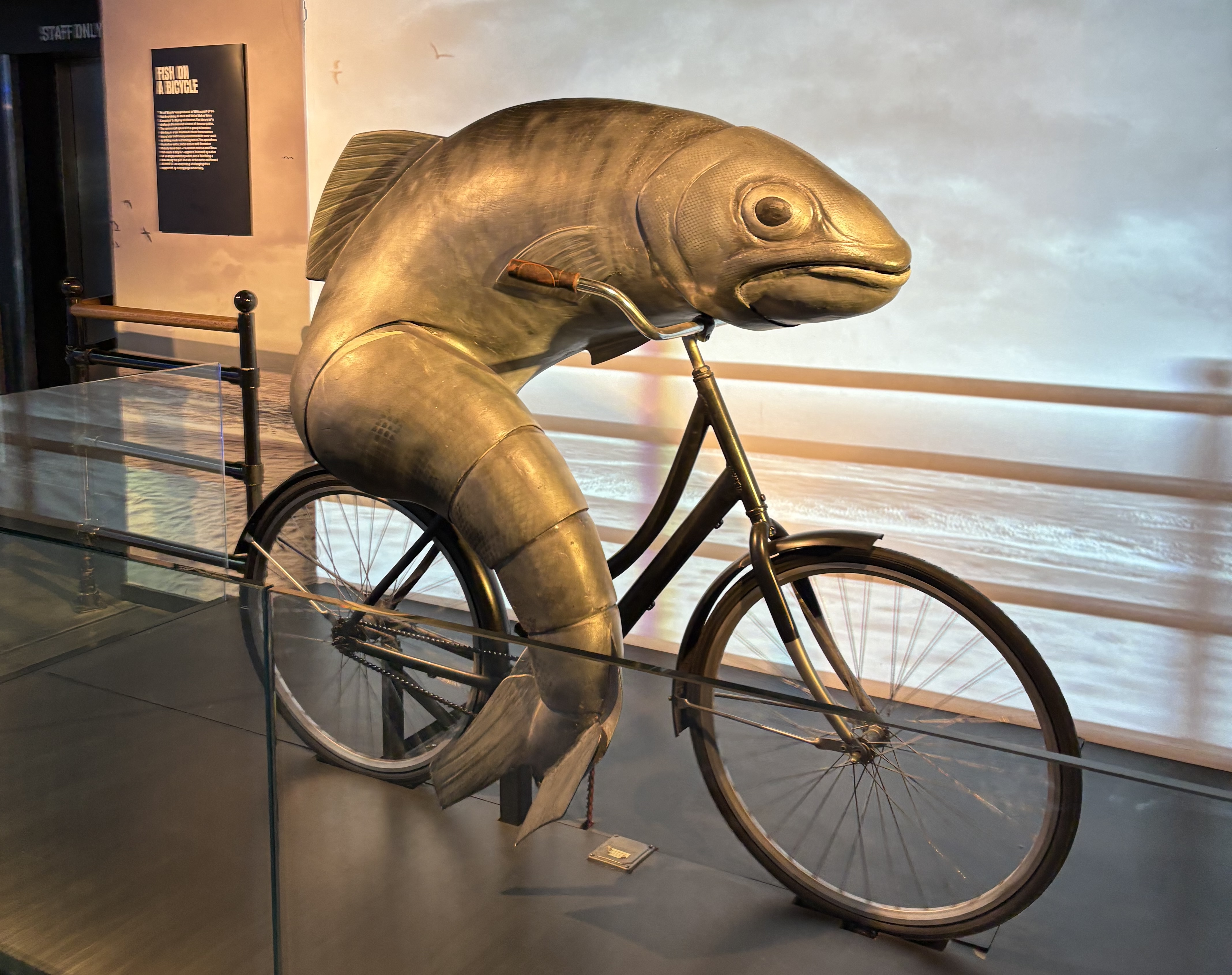 A photo of a fish on a bicycle, from the Guinness Store House, Dublin